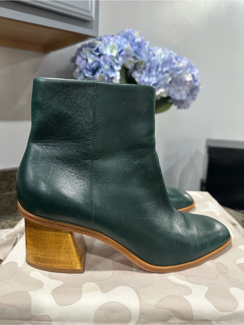 Bernardo Forest Green Leather Ankle Booties with Sculpted Wood Heel